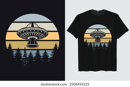 UFO Alien T-shirt Design sunset background Funny Retro Vintage sunset vector Graphic alien t-shirts vintage