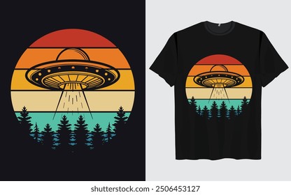 UFO Alien T-shirt Design sunset background Funny Retro Vintage sunset vector Graphic alien t-shirts vintage