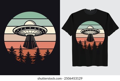 UFO Alien T-shirt Design sunset background Funny Retro Vintage sunset vector Graphic alien t-shirts vintage