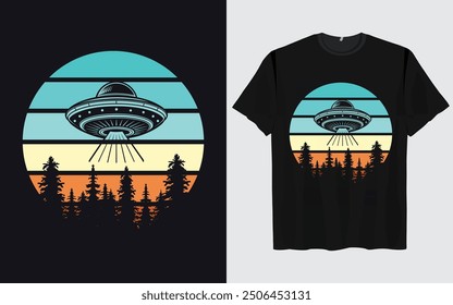 UFO Alien T-shirt Design sunset background Funny Retro Vintage sunset vector Graphic alien t-shirts vintage