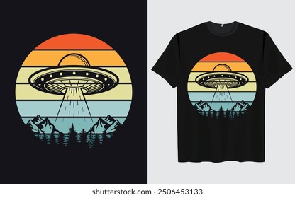 UFO Alien T-shirt Design sunset background Funny Retro Vintage sunset vector Graphic alien t-shirts vintage