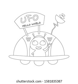 UFO and alien vector illustration cartoon isolated on white background. Alien funny cartoon colorless for coloring book. 