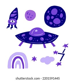 Ufo Alien vector set. Simple hand drawn Sci-Fi cosmos collection with flying saucer, planet, rainbow, cloud, star, constellation. Galaxy vector illustration