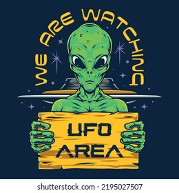 UFO alien vintage colorful poster with humanoid standing in front of flying saucer with words UFO area vector illustration