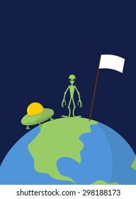 UFO and alien with white flag stands on Earth. Vector background 