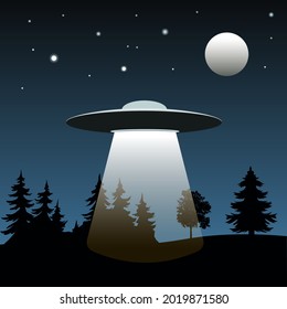 UFO and Aliens. Area 51. Aerial vehicle fly in the sky above the Earth or Mars. Newcomer from the Galaxy or Space 