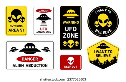 UFO, aliens and Area 51 danger warning road signs and stickers collection. 