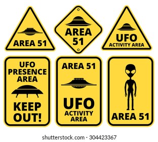 UFO, Aliens and Area 51 danger warning road signs vector collection