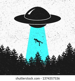UFO. Aliens. Black forest silhouette. Vector
