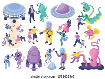 Ufo and aliens cartoon set of fantastic monstrous characters chasing children and adults isolated vector illustration