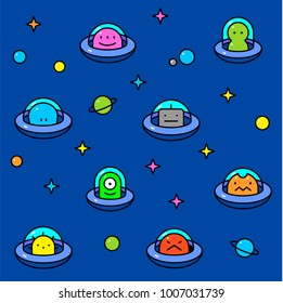 UFO aliens collection, different colorful extraterrestrials in flying saucers with stars and planets, thin line cartoon style, baby vector seamless pattern on blue background