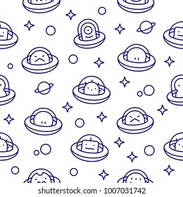 UFO aliens collection, different extraterrestrials in flying saucers with stars and planets, outline cartoon style, baby vector seamless pattern on white background