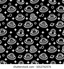 UFO aliens collection, different extraterrestrials in flying saucers with stars and planets, white fat line cartoon style, baby vector seamless pattern on black background