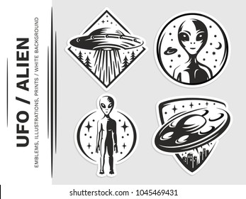 UFO / Aliens emblem, vector illustration, print, sticker, patches, badges set on a white background.