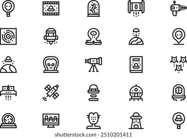 A coleção de ícones Ufo e aliens é uma ilustração vetorial com traçado editável.