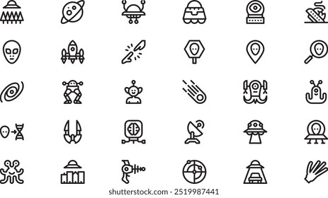 Ufo und Aliens Symbole Hochwertige Vektorsymbol-Kollektion mit bearbeitbarem Strich. Ideal für professionelle und kreative Projekte.