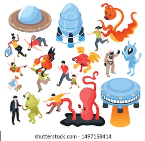 Ufo and aliens isometric set of flying saucers and fantastic characters from outer space isolated vector illustration