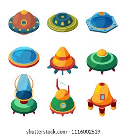 UFO and aliens isometric. Vector space plates isolate. Spaceship ufo, 3d isometric space toys collection illustration