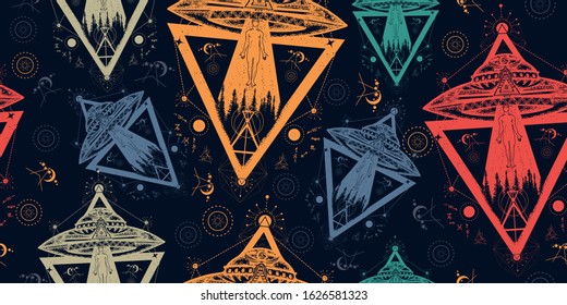 Ufo aliens kidnapped person. Seamless pattern. Packing old paper, scrapbooking style. Vintage background. Medieval manuscript, engraving art. Paranormal Activity, first contact 