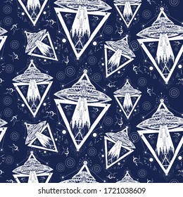 Ufo aliens kidnapped person. Seamless pattern. Packing old paper, scrapbooking style. Vintage background. Medieval manuscript, engraving art. Paranormal Activity, first contact