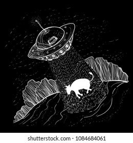 UFO aliens kidnapping, abducts farm cow, near a forest. Dark humor jokes funny picture. Hand drawn sketch vector illustration - Contemporary street art. Printing on a poster or T-shirt. World UFO Day