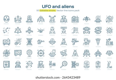 UFO and aliens line icon pack. UFO and aliens Stroke icon set. Editable Stroke icon