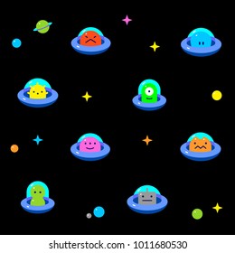 UFO aliens on cosmic space, different colorful extraterrestrials in flying saucers set with stars and planets, flat cartoon style, baby vector seamless pattern on black background