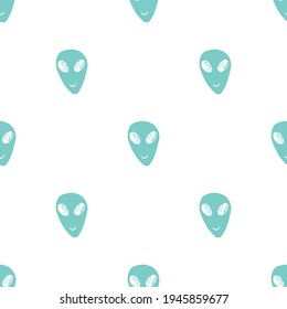 Ufo and aliens Seamless pattern. Cute Doodles space ships sketch. Hand drawn Cartoon Vector illustration.