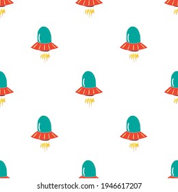 Ufo and aliens Seamless pattern. Cute Doodles space ships sketch. Hand drawn Cartoon Vector illustration.