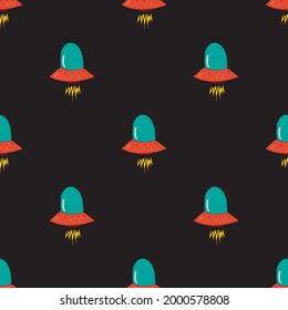 Ufo and aliens Seamless pattern. Cute Doodles space ships sketch. Hand drawn Cartoon Vector illustration.