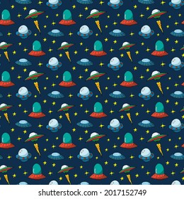 Ufo and aliens Seamless pattern. Cute Doodles space ships sketch. Hand drawn Cartoon Vector illustration.