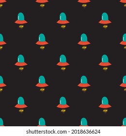 Ufo and aliens Seamless pattern. Cute Doodles space ships sketch. Hand drawn Cartoon Vector illustration.