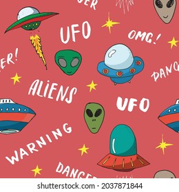 Ufo and aliens Seamless pattern. Cute Doodles space ships sketch. Hand drawn Cartoon Vector illustration.