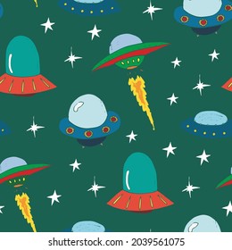Ufo and aliens Seamless pattern. Cute Doodles space ships sketch. Hand drawn Cartoon Vector illustration.