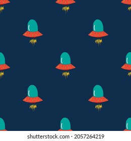 Ufo and aliens Seamless pattern. Cute Doodles space ships sketch. Hand drawn Cartoon Vector illustration.