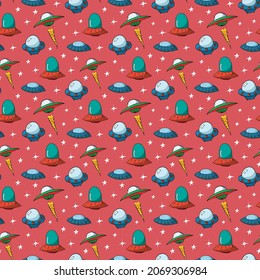 Ufo and aliens Seamless pattern. Cute Doodles space ships sketch. Hand drawn Cartoon Vector illustration.