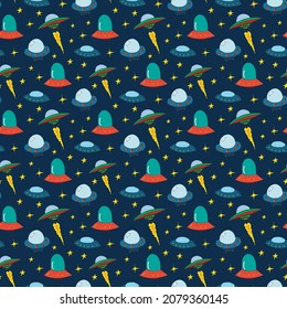 Ufo and aliens Seamless pattern. Cute Doodles space ships sketch. Hand drawn Cartoon Vector illustration.