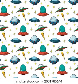 Ufo and aliens Seamless pattern. Cute Doodles space ships sketch. Hand drawn Cartoon Vector illustration.