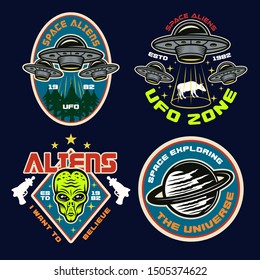 Ufo and aliens set of four colored vector emblems, labels, badges, stickers or t-shirt prints in vintage style on dark background