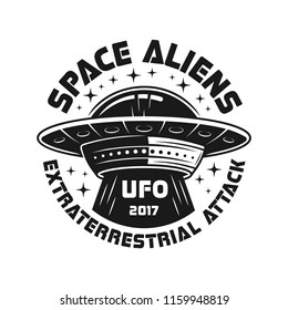 UFO or aliens spaceship vector emblem in vintage monochrome style isolated on white background