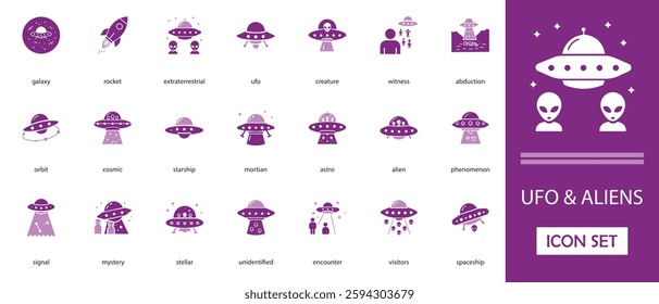 UFO and aliens vector icon set. with Galaxy, Cosmic, Starship, spaceship, rocket, extraterrestrial, invasion and more solid illustration