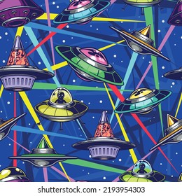 UFO Aliens Vintage bunte Muster nahtlose fliegende Untertassen in der Sterngalaxie bekämpfen Regenbogenbalken im Weltraumkrieg Vektorgrafik