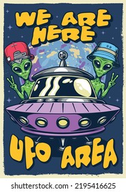UFO aliens vintage colorful poster two Martians look out from behind fantastic flying saucer and wave their hands vector illustration