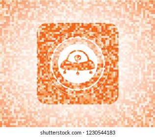 ufo with aline inside icon inside abstract emblem, orange mosaic background