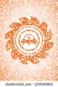 ufo with aline inside icon inside abstract emblem, orange mosaic background