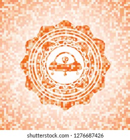 ufo with aline inside icon inside abstract emblem, orange mosaic background