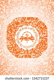 ufo with aline inside icon inside abstract emblem, orange mosaic background