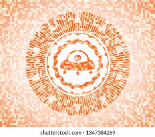 ufo with aline inside icon inside abstract orange mosaic emblem