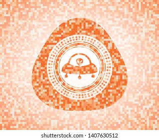 ufo with aline inside icon inside abstract emblem, orange mosaic background