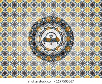 ufo with aline inside icon inside arabesque emblem background. arabic decoration.